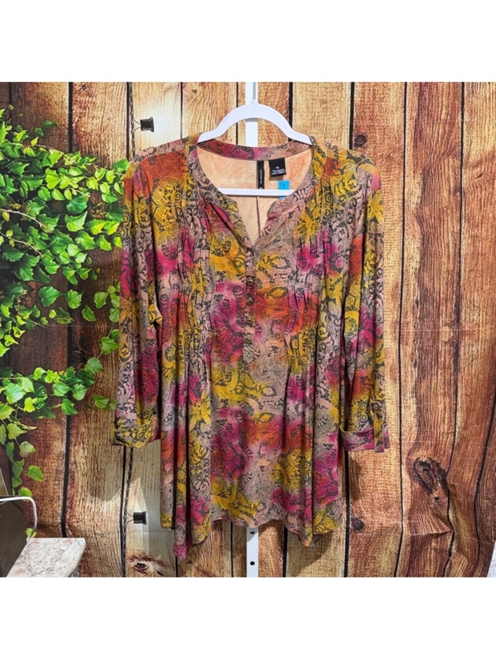 New  Directions Mixed Floral V-Neck Tunic in Pink, Yellow, Brown